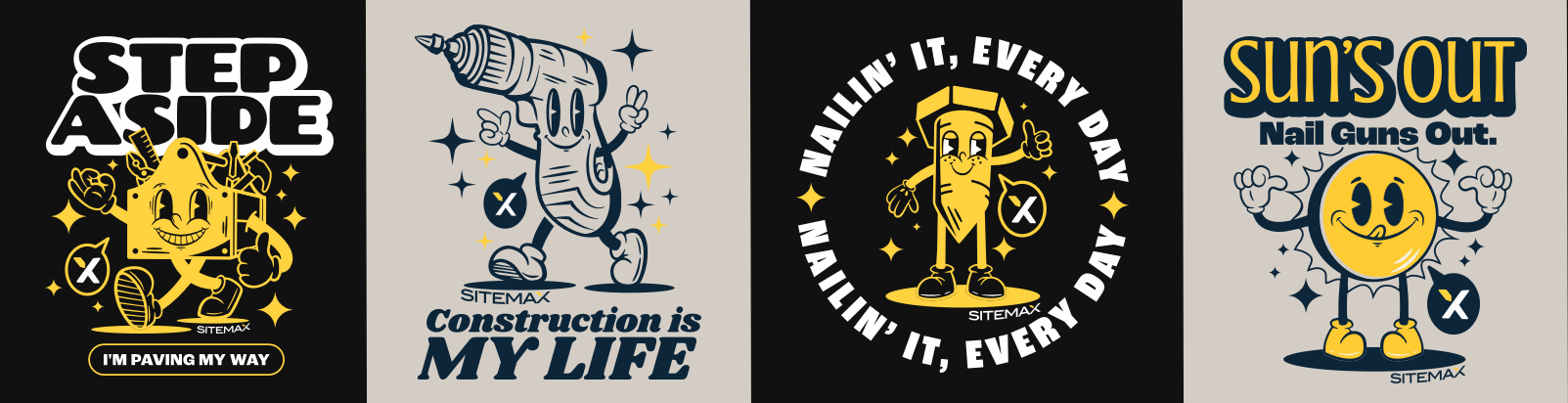 The full SiteMax merch design lineup: tees, hoodies, and crew gear
