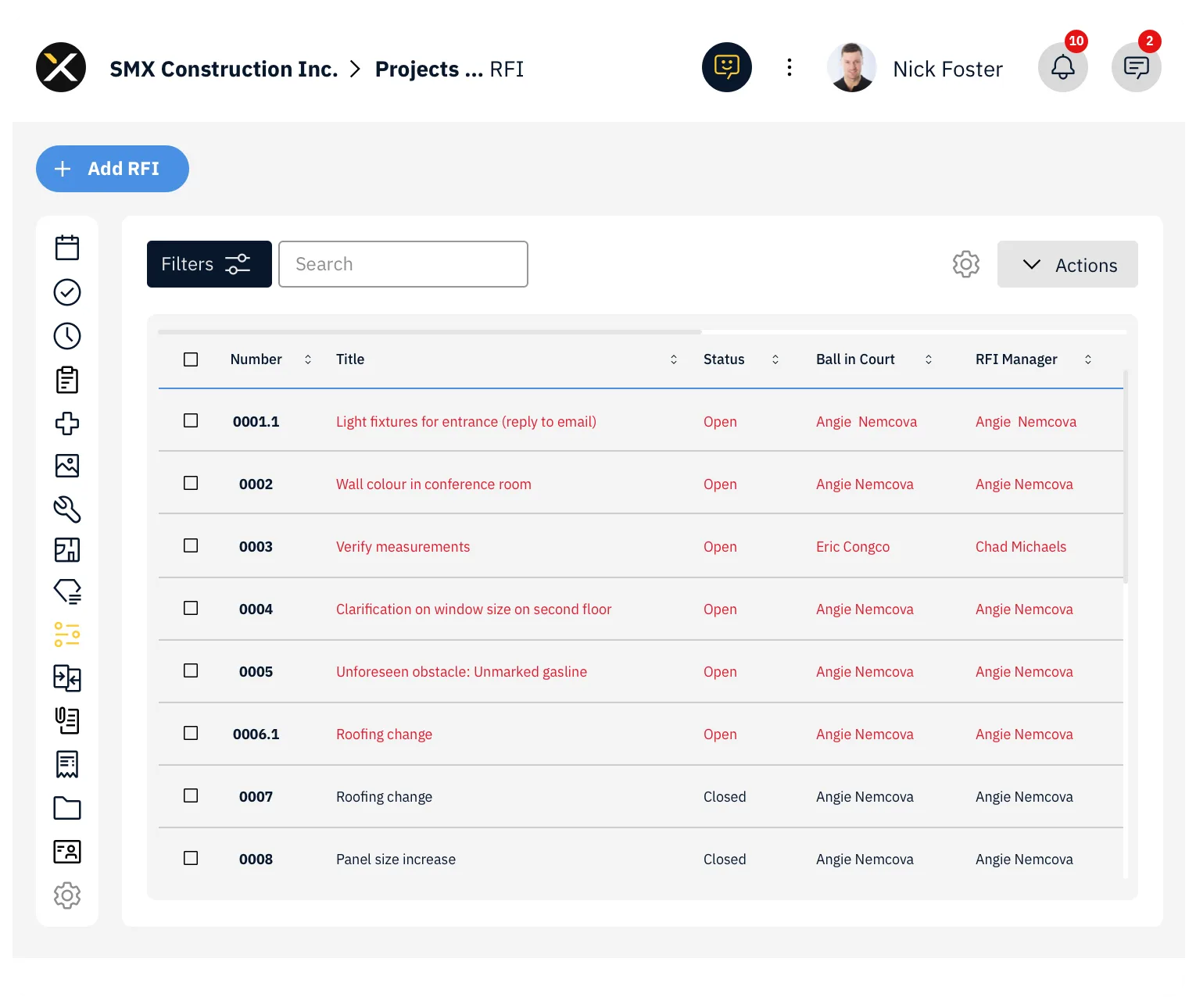 SiteMax RFI dashboard with dynamic, filterable RFI log