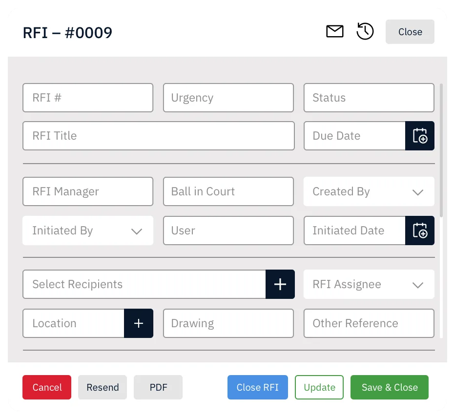 SiteMax RFI detail with correspondence thread, due date, and linked documents