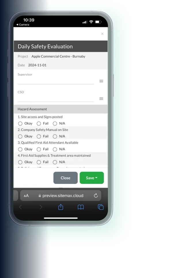 Daily Safety Evaluation form on mobile