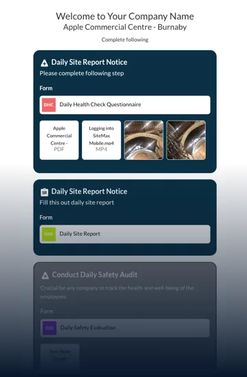 SiteMax safety notice workflow on mobile